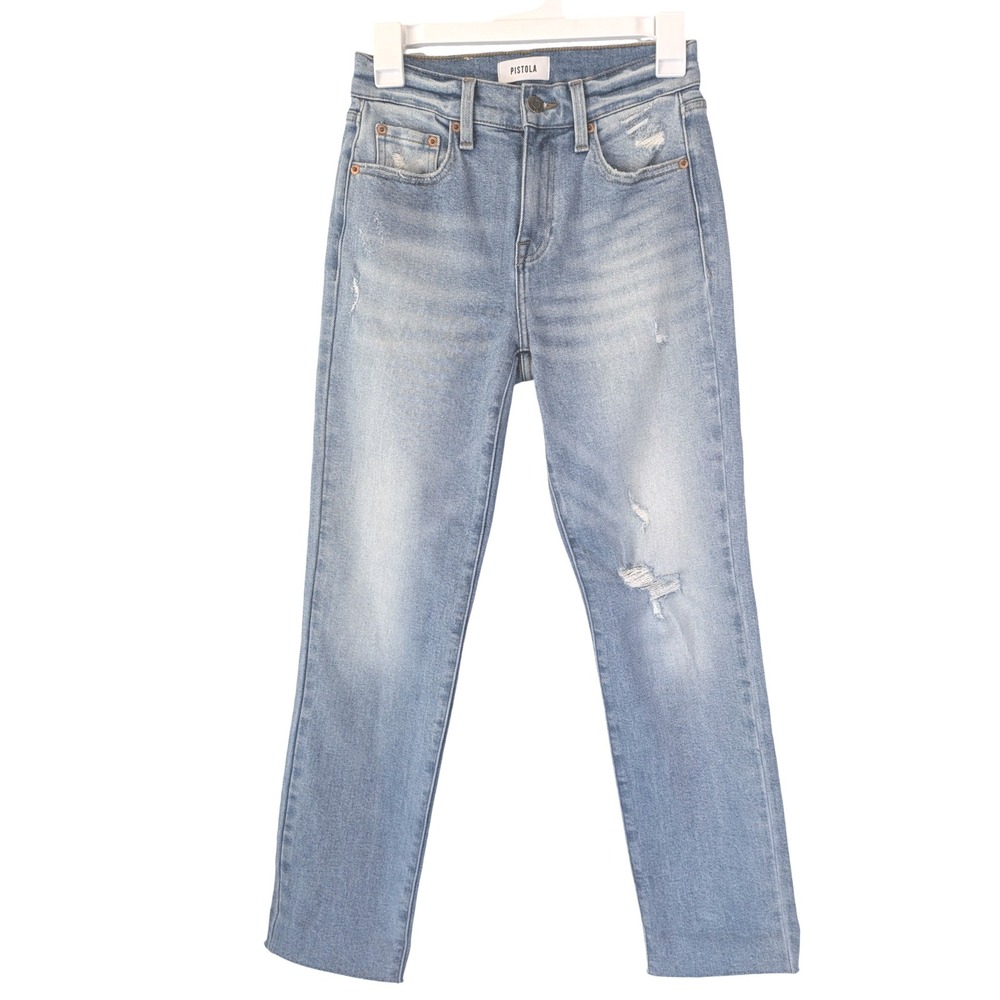 Pistola Revolve Jeans High Rise Light Wash Distressed Straight Leg Women's Sz 25